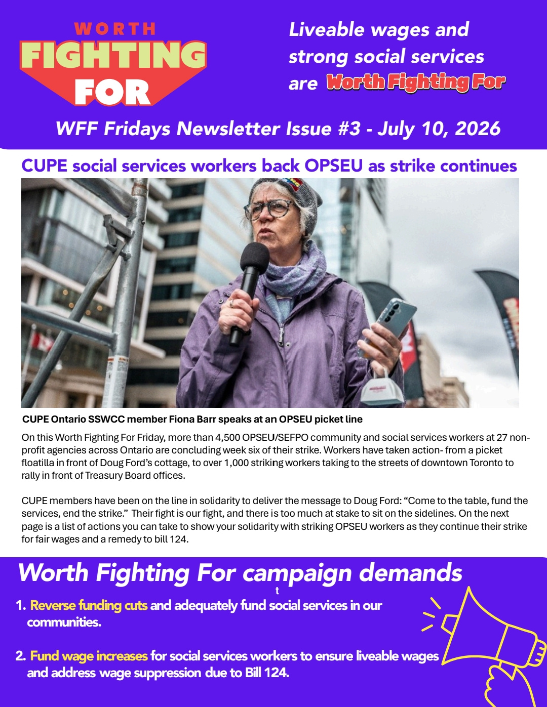Canadian Union Public Employee woman wearing a toque speaks into a microphone